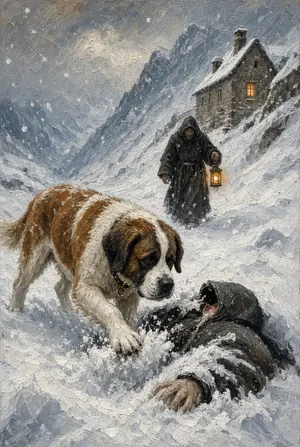 Pintura: un San Bernardo cava en la nieve junto a un viajero; atrás, un monje con un farol y el hospicio.