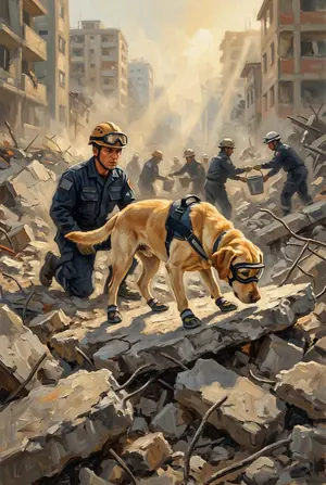 Pintura: una labradora rescatista con antiparras y botas olfatea entre los escombros junto a un marino.